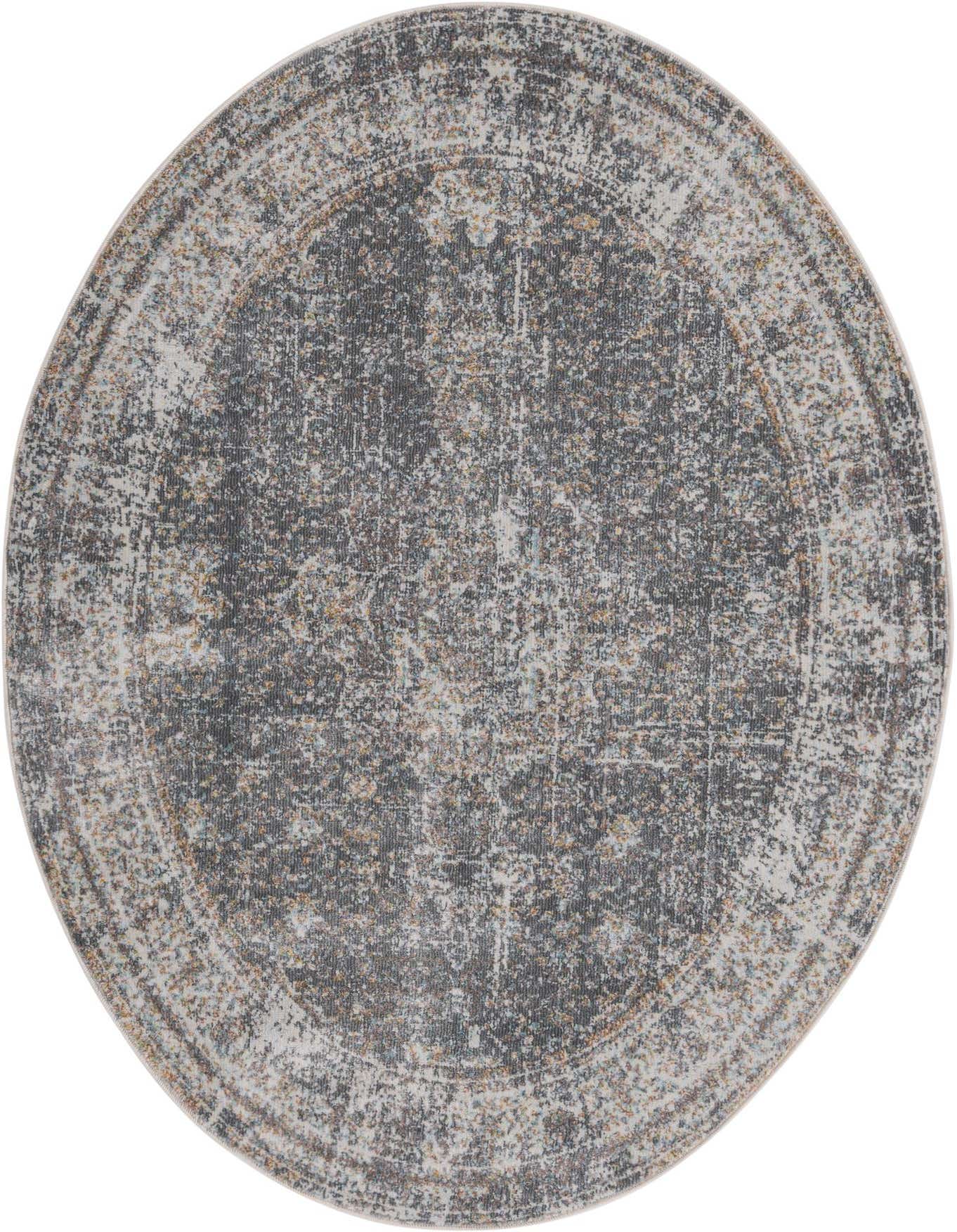 A 4' 3 x 6' 0 oval Santiago rug in Grays/Silvers with a distressed medallion pattern, suitable for indoor spaces.
