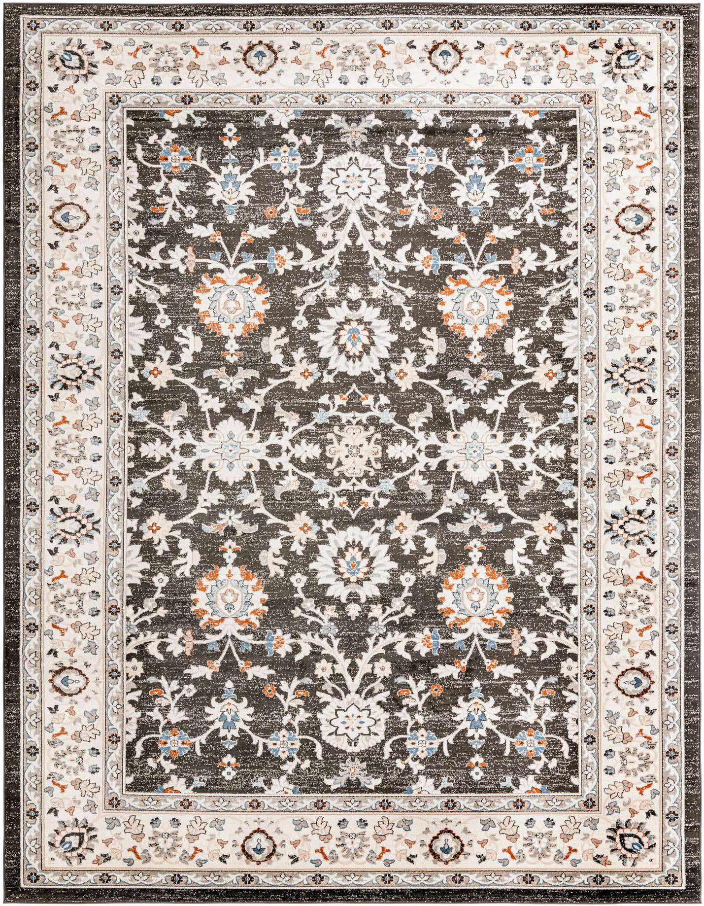 A 10x14 rectangular Charlotte Collection rug with a gray background and intricate white, blue, and orange traditional floral patterns.