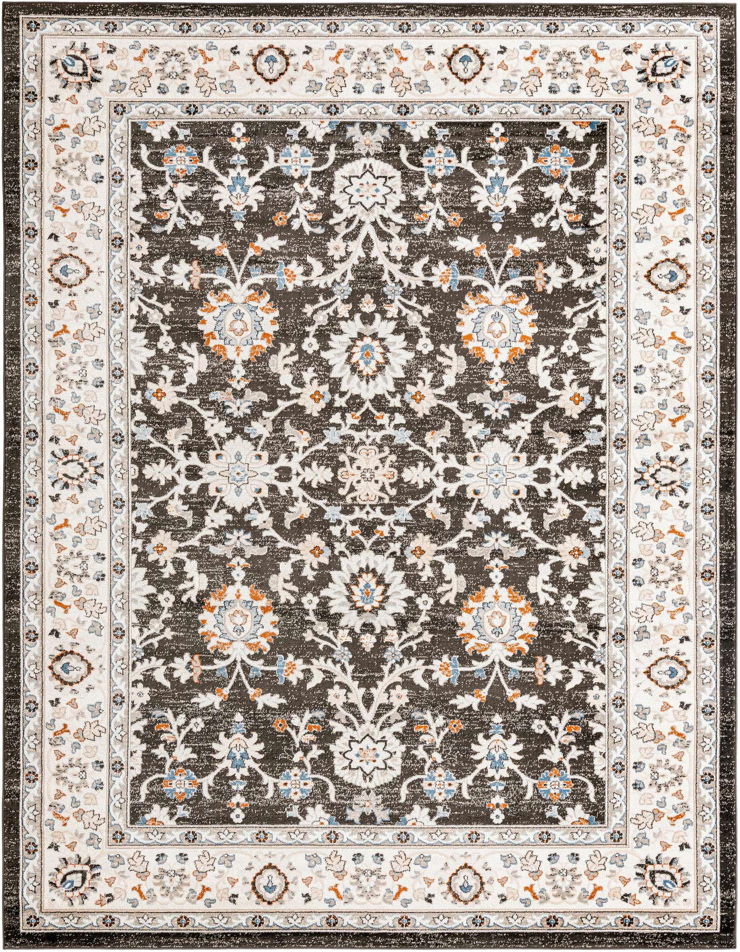 A 9x12 rectangular Charlotte rug from Rugs.com featuring a traditional floral pattern in grays, silvers, and hints of blue and orange on a dark gray background, with a light border.