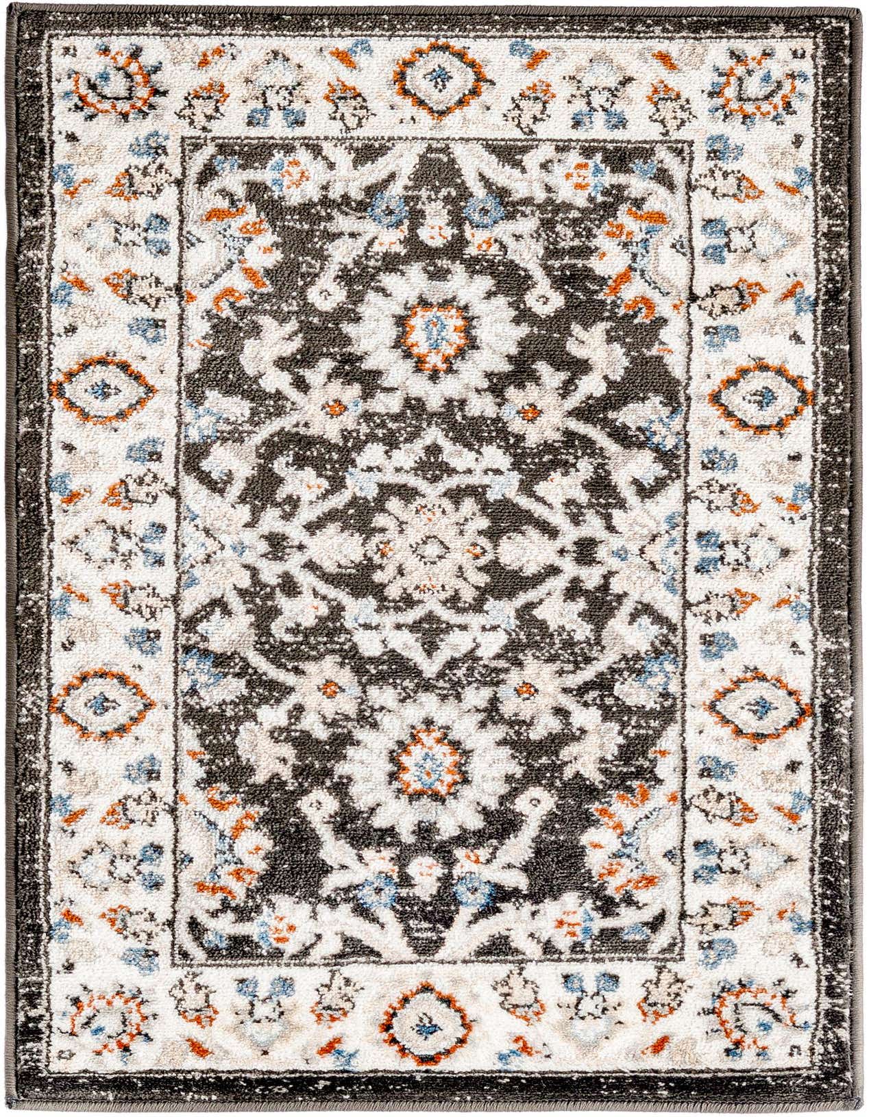 A 2x3 rectangular Charlotte rug with a traditional floral pattern in grays, silver, white, blue, and orange, ideal for an entryway or kitchen.