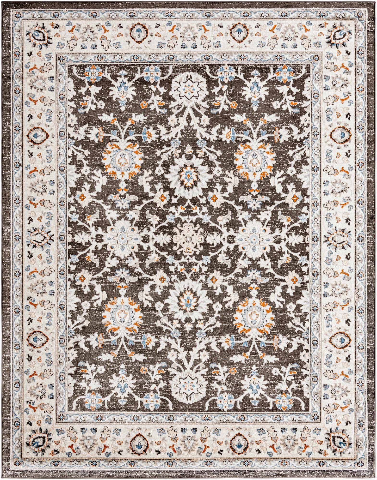 An 8x10 rectangular Charlotte rug featuring a traditional Oriental floral pattern in shades of gray, silver, white, blue, and orange.