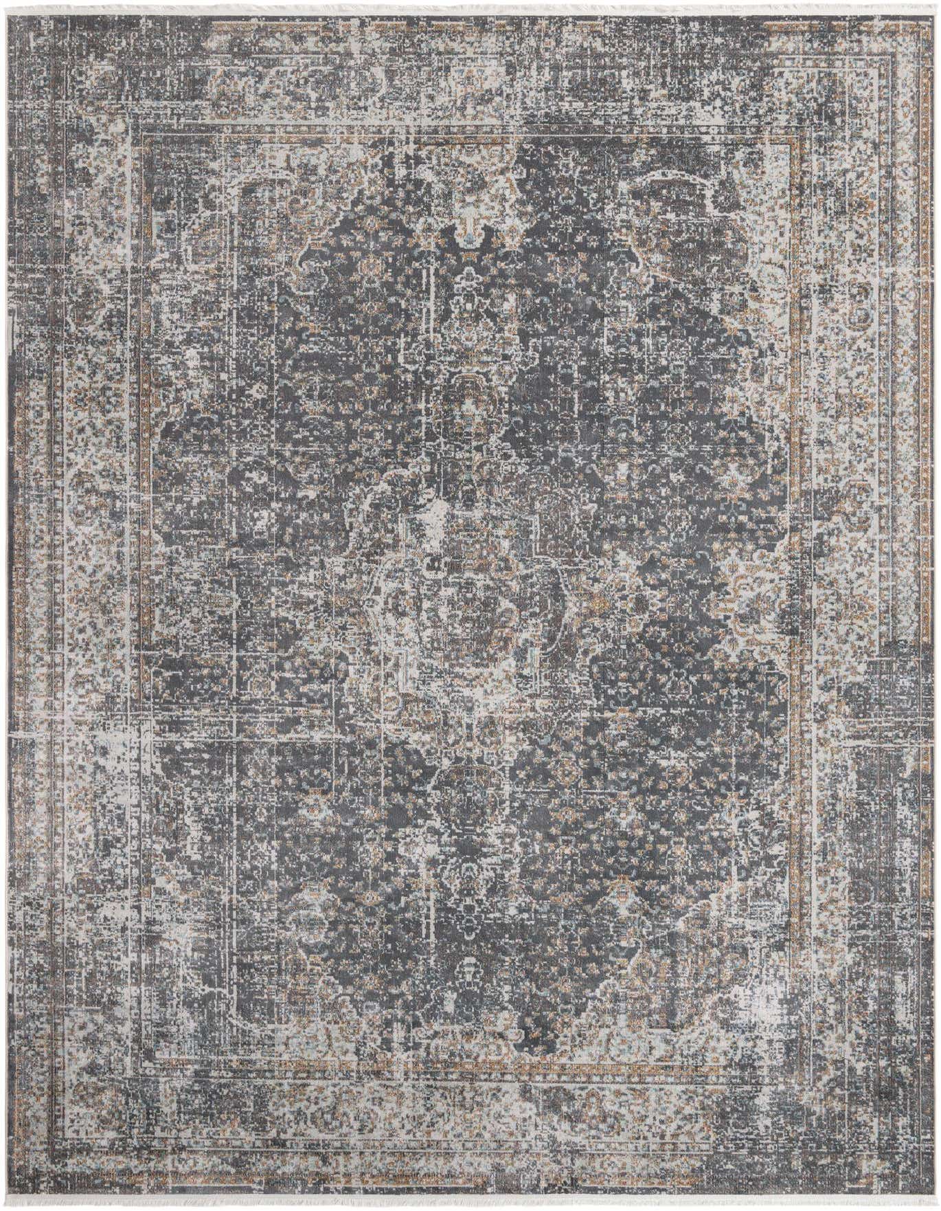 A 10x14 rectangular gray and silver area rug with a distressed medallion pattern, suitable for a living room.