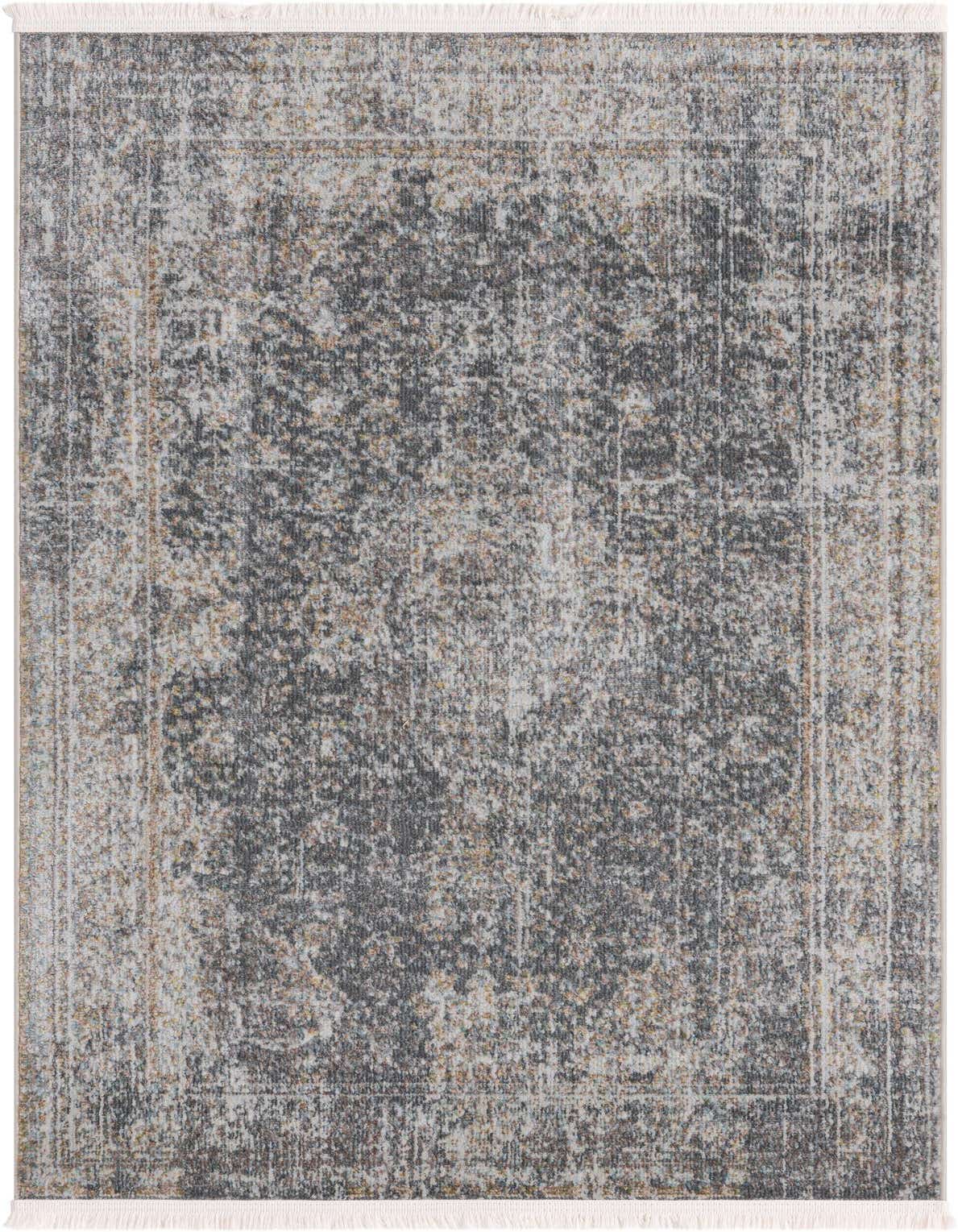 A 3x5 rectangular gray area rug with a distressed medallion pattern and subtle silver, cream, and brown accents, featuring a flat pile.