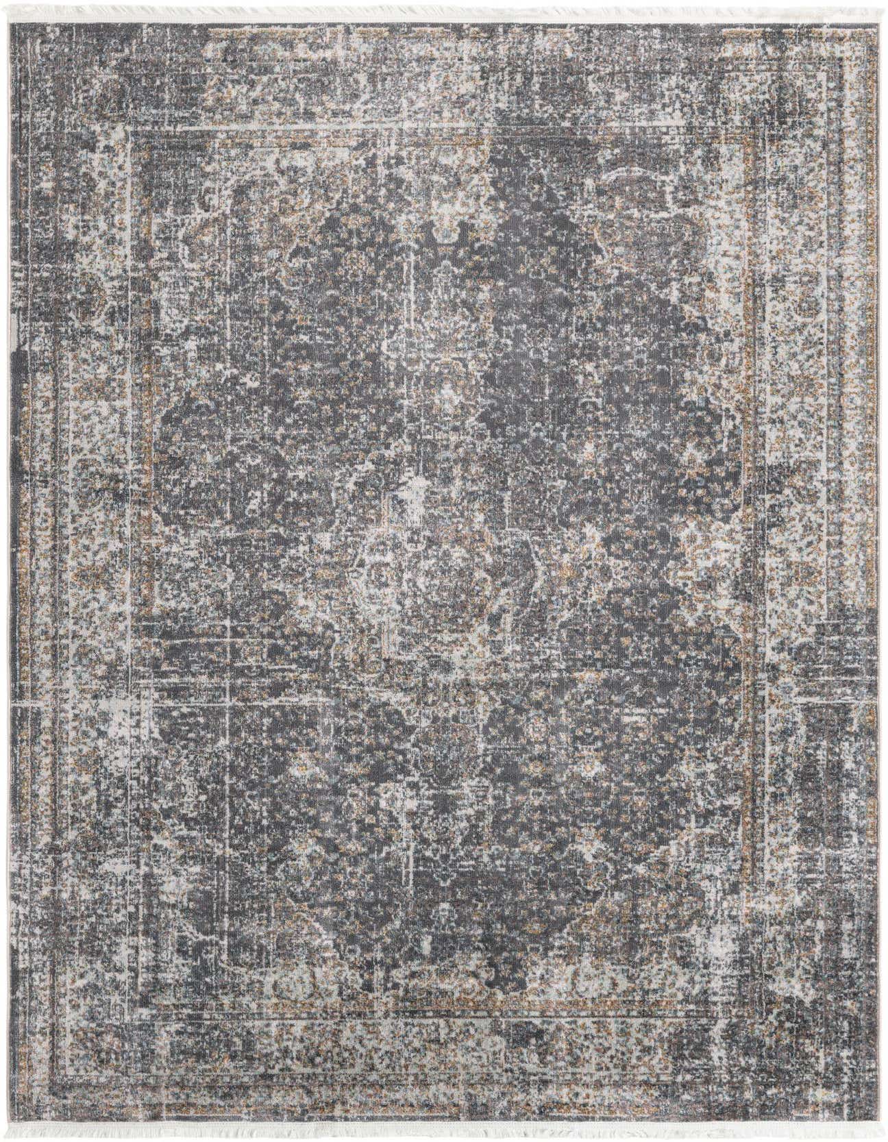 A 6x9 rectangular gray area rug with a distressed medallion pattern, featuring hints of silver, blue, and gold, and short white fringe.