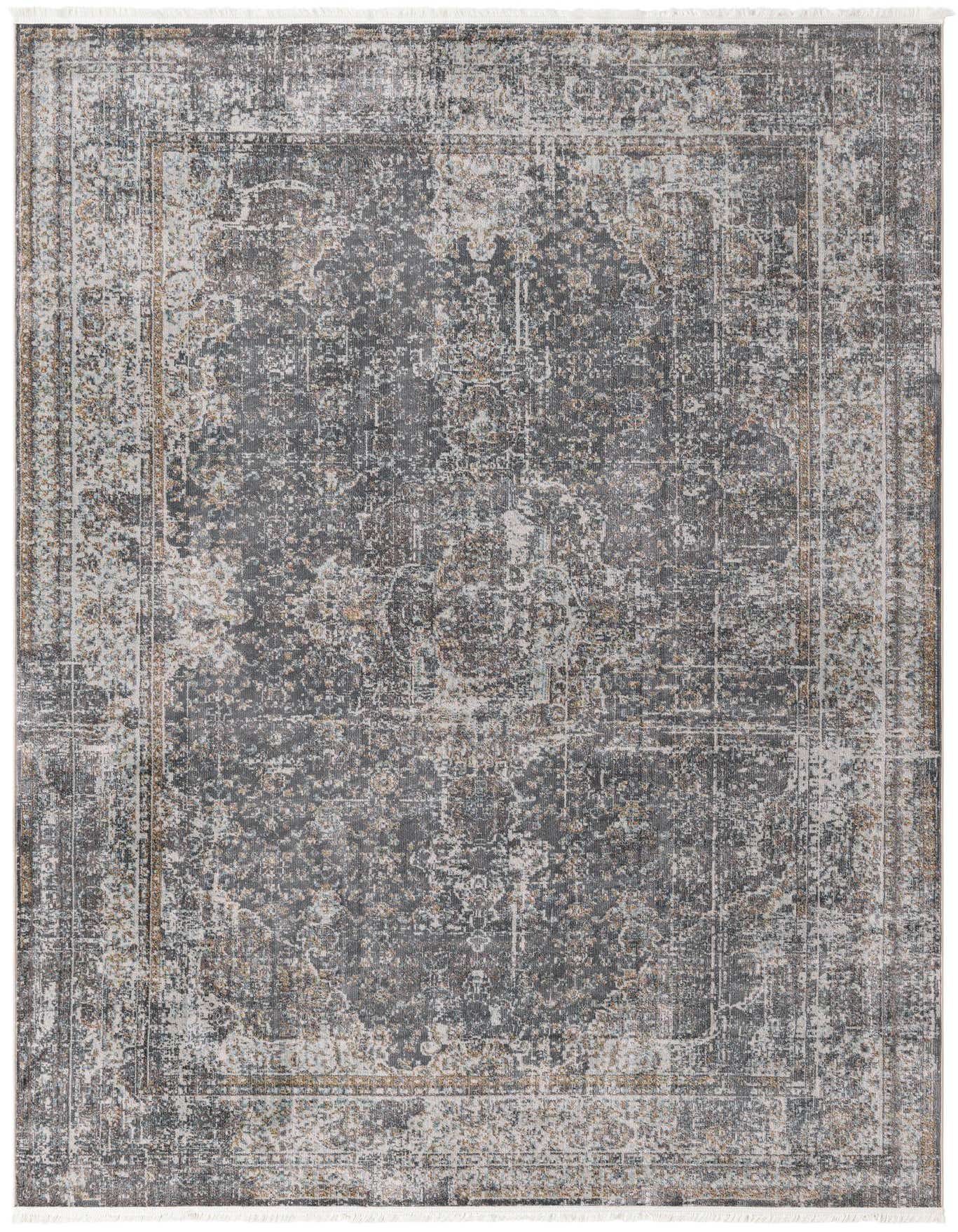 A 7x10 rectangular Santiago rug featuring a distressed medallion pattern in shades of gray, silver, and subtle gold.
