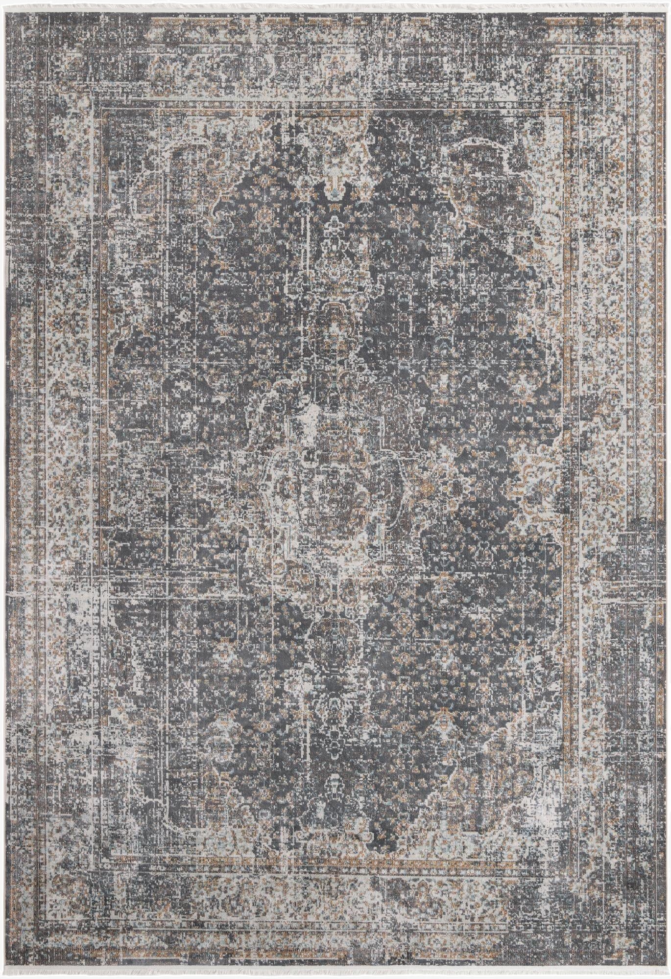 A 10x14 rectangular gray and silver area rug with a distressed medallion pattern, suitable for a living room.