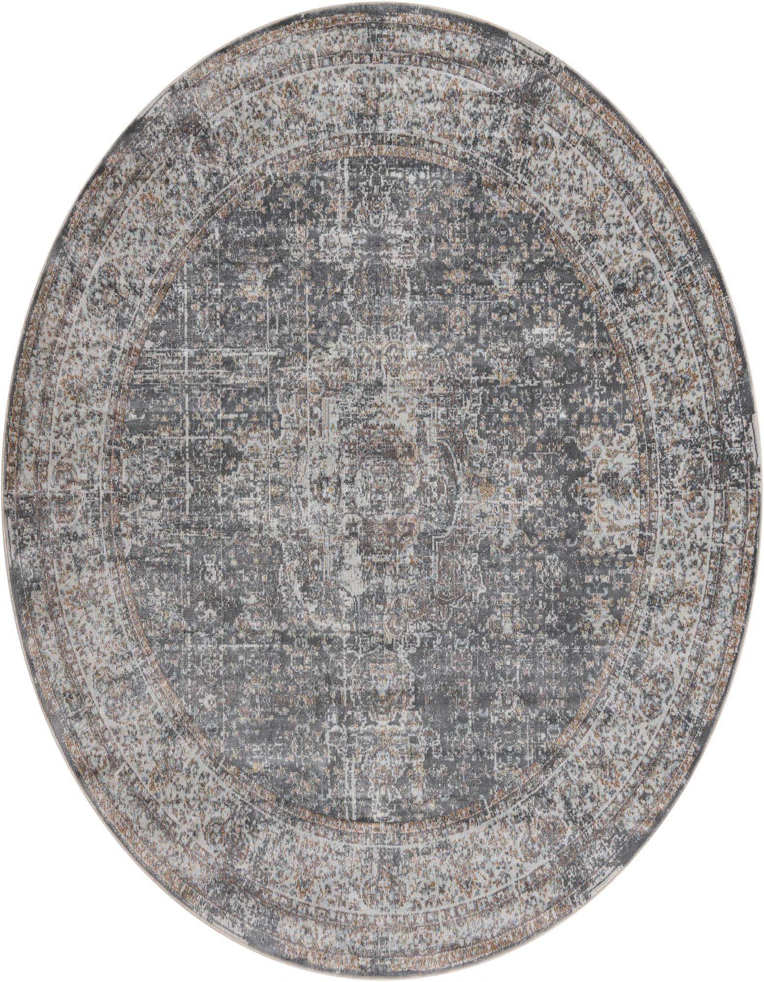 A round 8' gray and silver polypropylene rug with an eclectic medallion pattern and vintage distressed look.