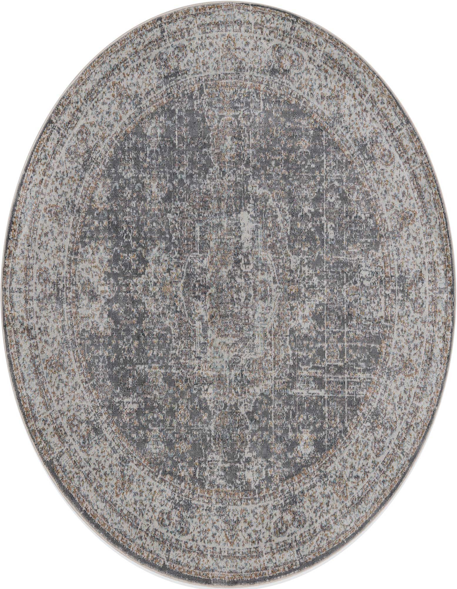 A 5' 5 x 5' 5 round gray area rug with an eclectic medallion pattern and vintage distressed look.