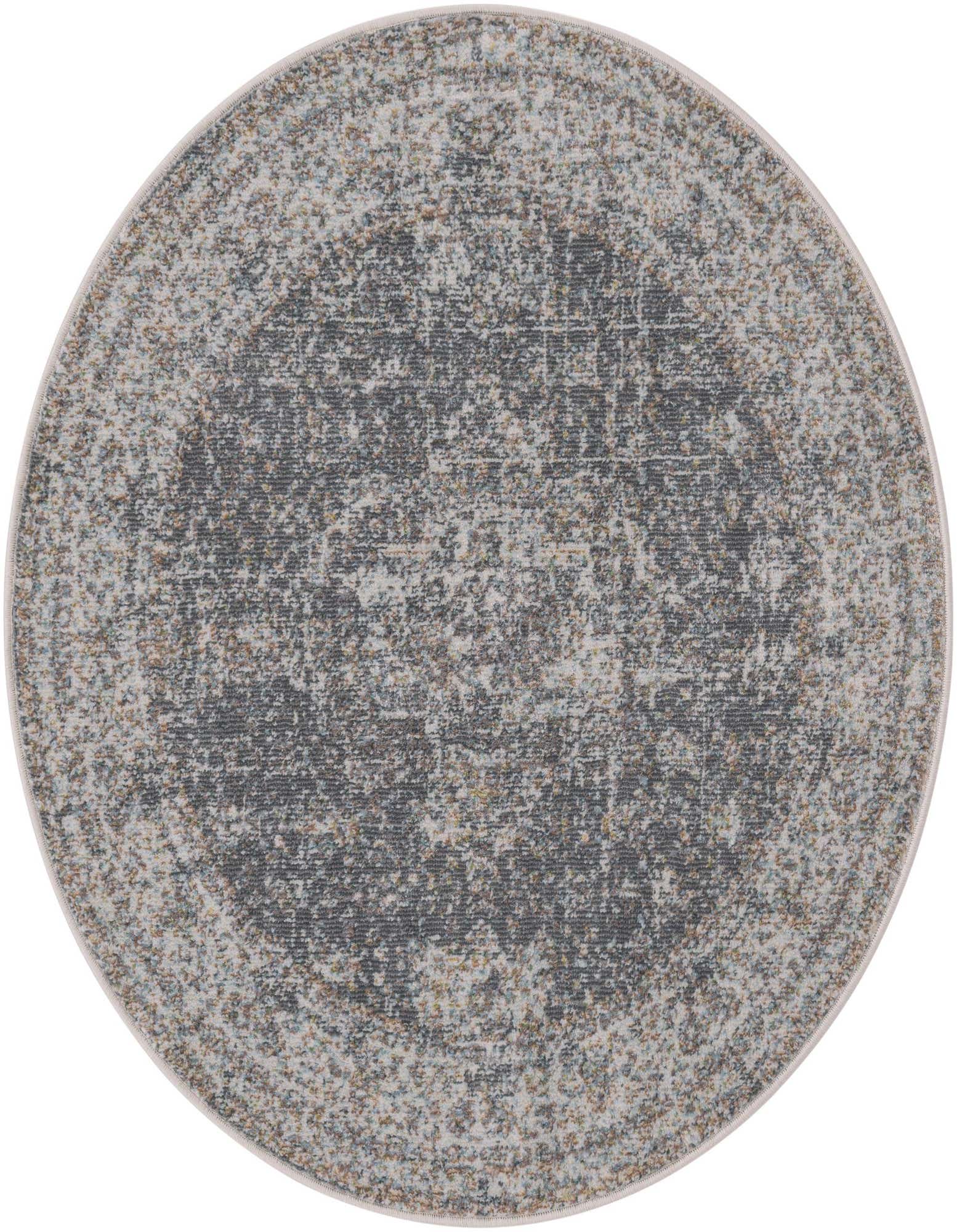 A round 3' gray and silver polypropylene rug with an eclectic medallion pattern and vintage distressed look.