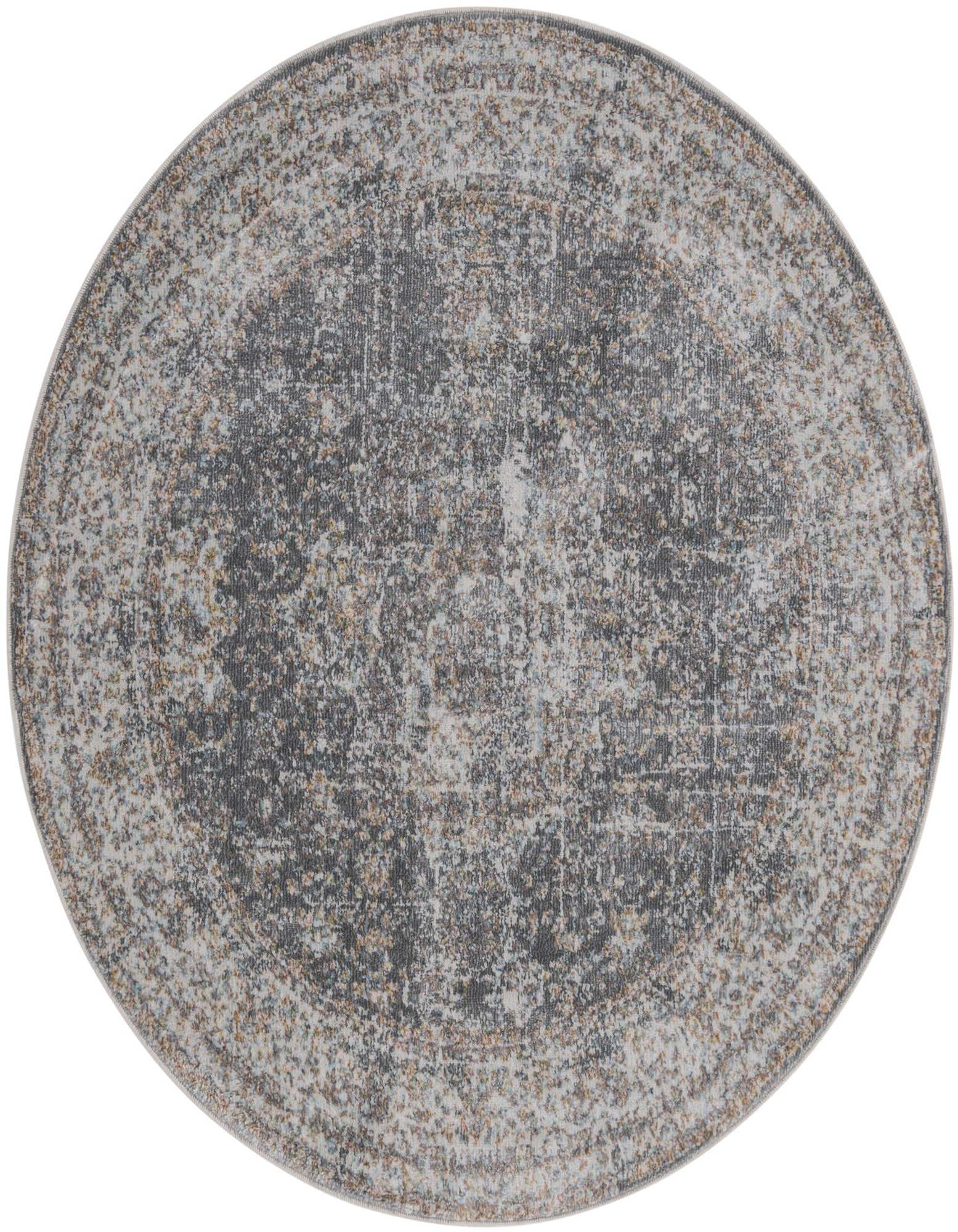 A 4' round gray and silver eclectic rug with a distressed medallion pattern, suitable for various indoor rooms.