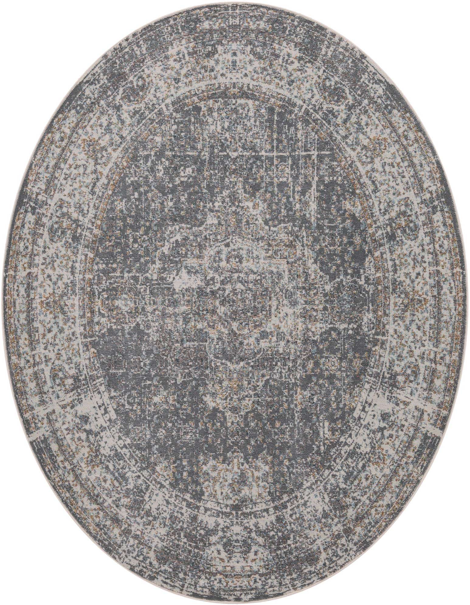 Round gray and silver eclectic rug with a distressed medallion pattern, suitable for various indoor spaces.