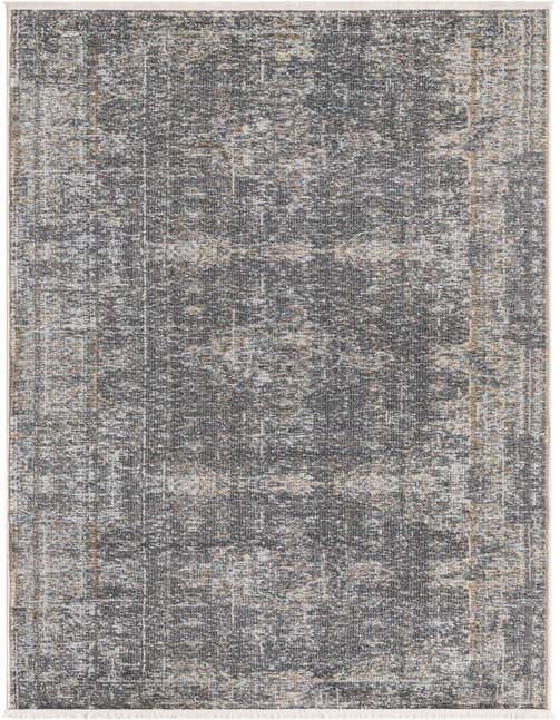 A 10 ft runner rug from the Santiago Collection, featuring a distressed gray and silver eclectic pattern with subtle gold and blue accents, ideal for a hallway.