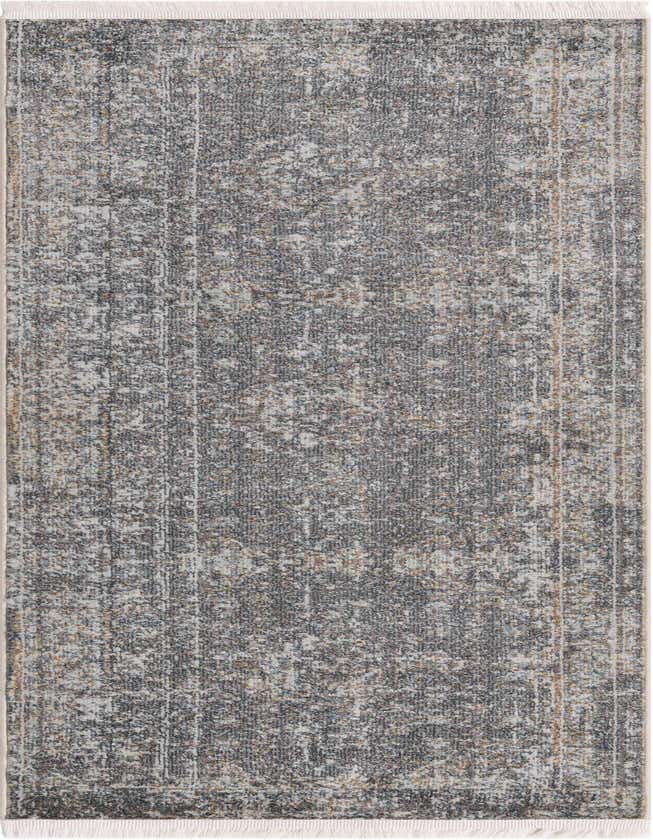 A 6 ft gray runner rug with a distressed eclectic pattern and subtle silver and brown accents, perfect for a hallway or kitchen.