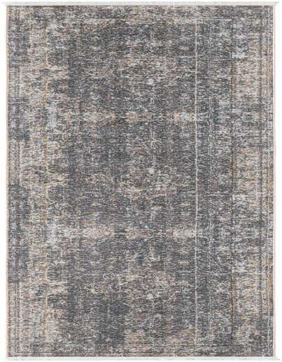 A 13 ft runner rug in shades of gray and silver with an eclectic, distressed medallion pattern, ideal for a hallway.