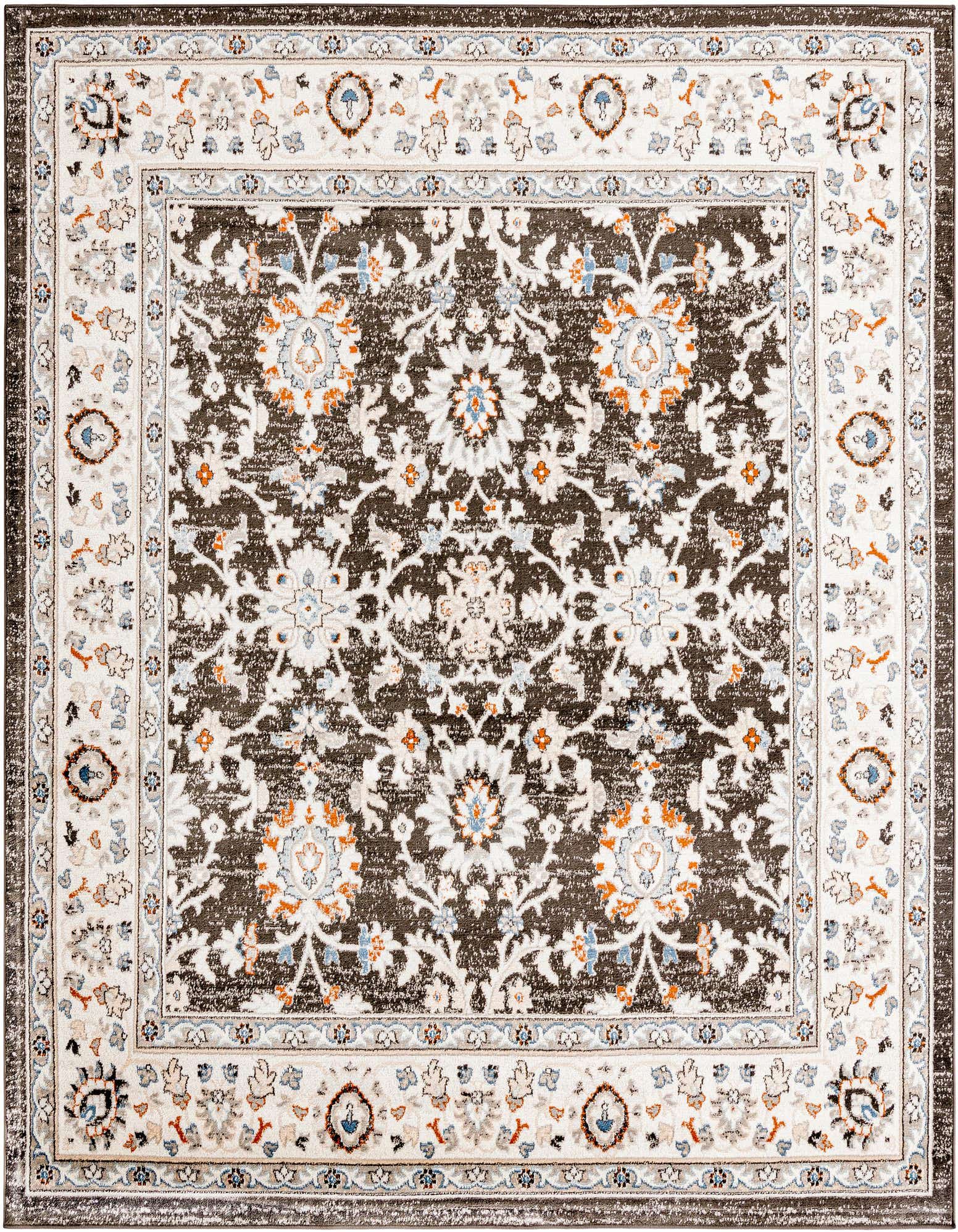 A square 7' 10 x 7' 10 gray traditional oriental rug with a distressed floral pattern and intricate border.