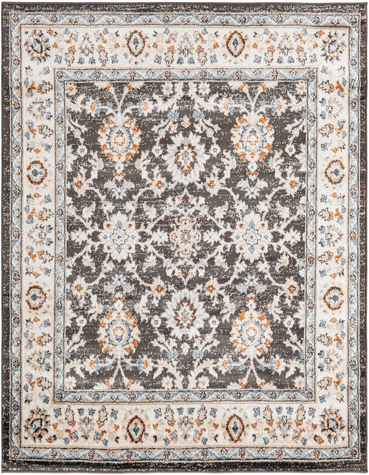 A 5' 3" x 5' 3" square gray and ivory traditional floral rug with orange and blue accents.