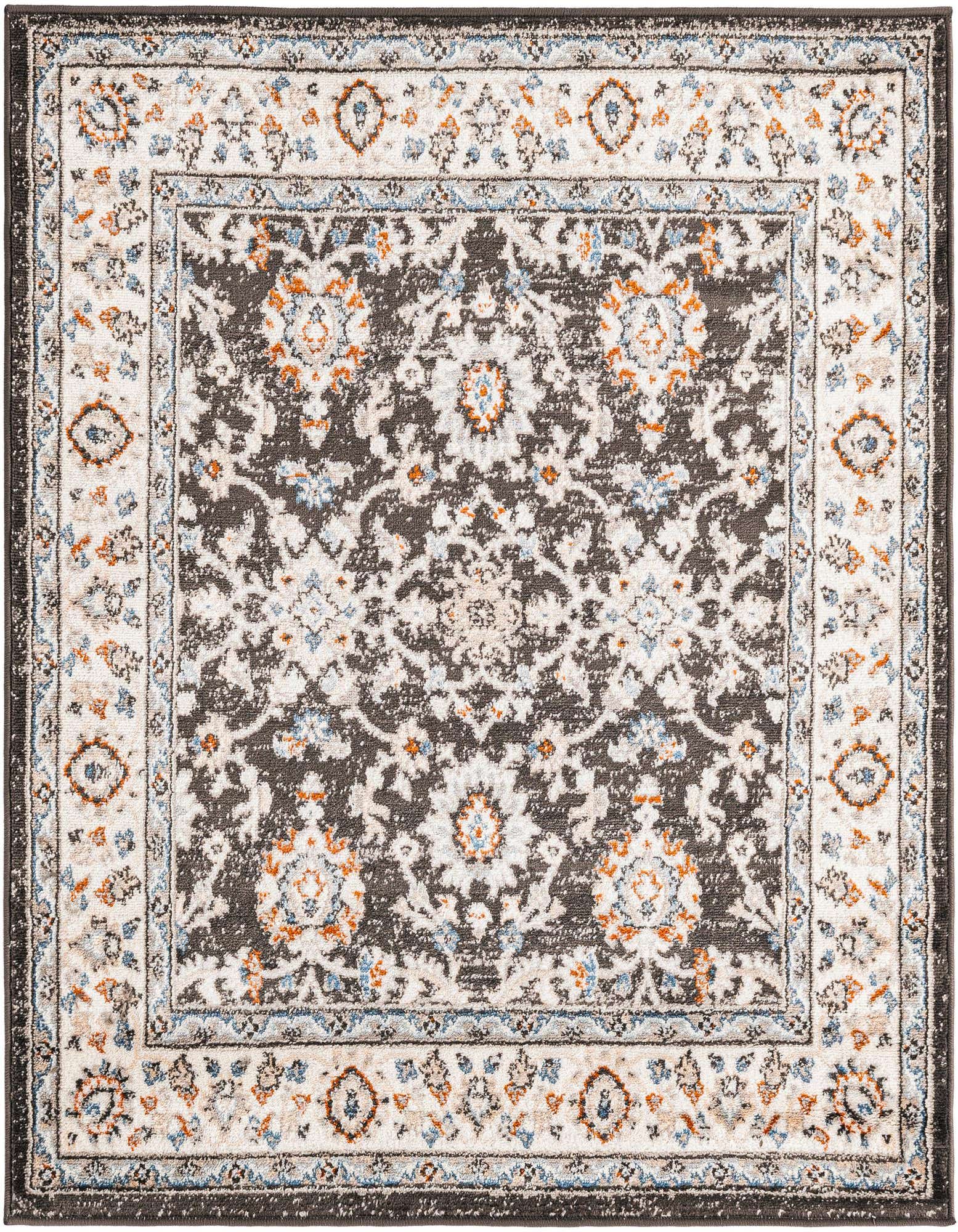 A 4'x4' square Charlotte Collection rug featuring a distressed traditional floral pattern in grays, silvers, and hints of orange and blue.