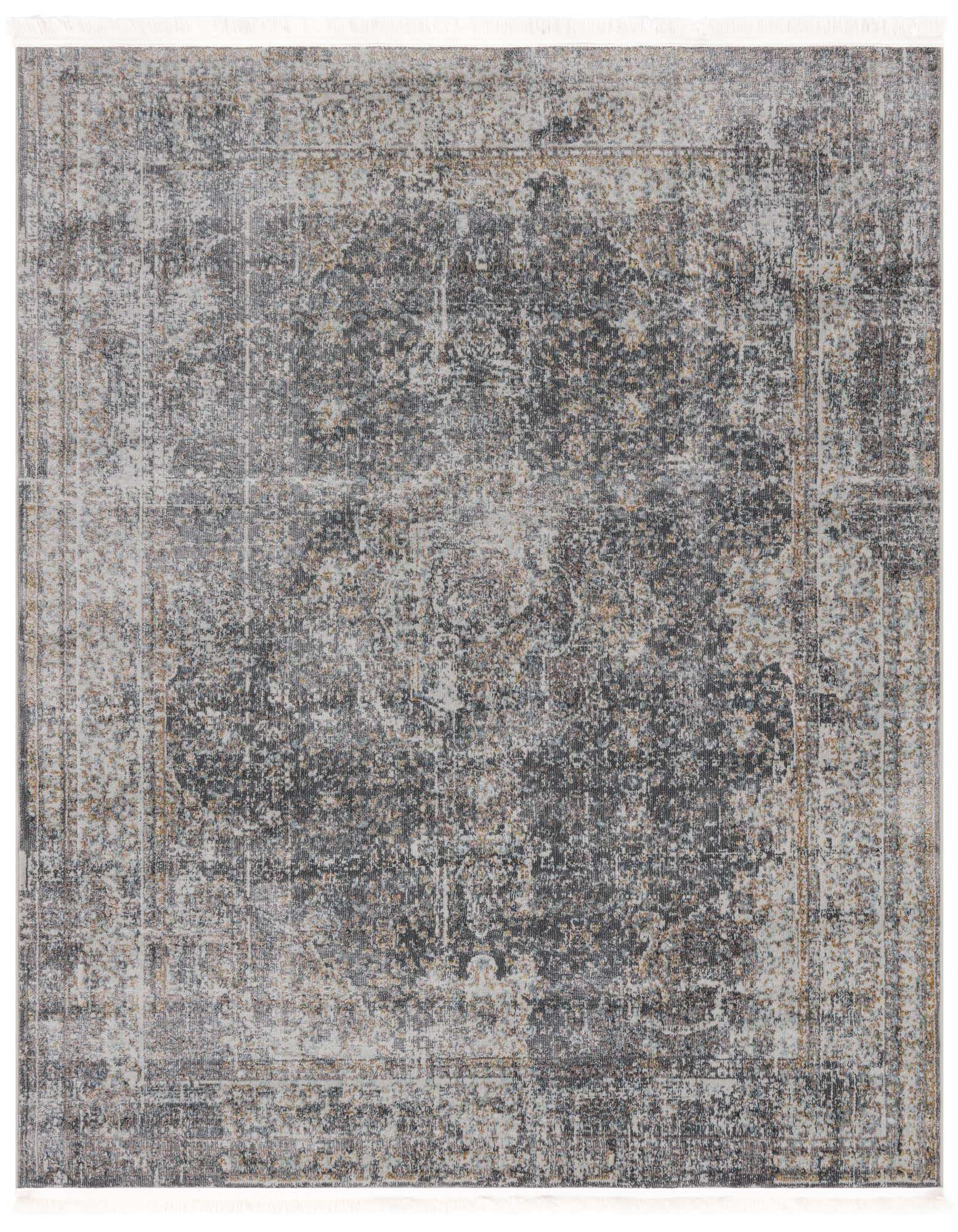 A 6' 0 x 6' 0 square gray area rug with a distressed traditional medallion pattern and subtle gold accents.