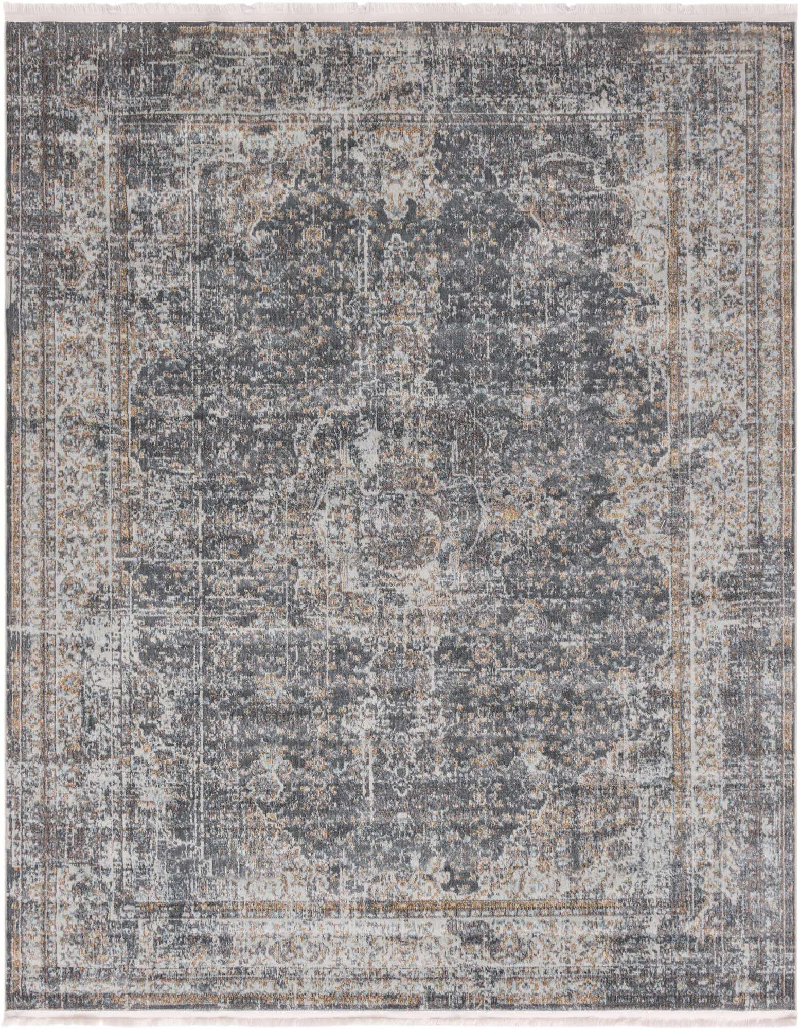 A square 8' x 8' gray and silver polypropylene rug with a distressed traditional medallion pattern and a flat pile.