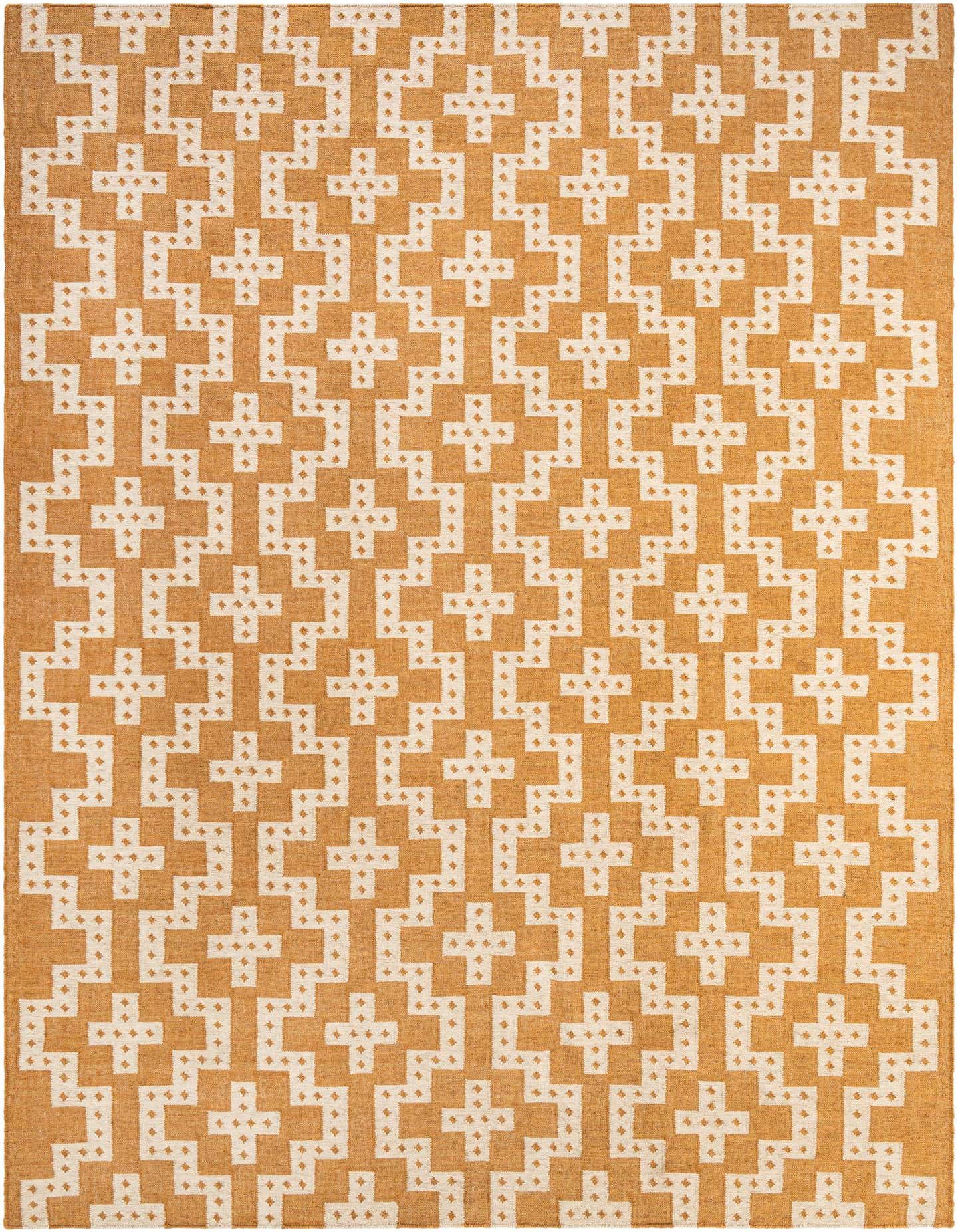 A 10x14 rectangular wool rug featuring a repeating tribal geometric pattern in ivory and gold.