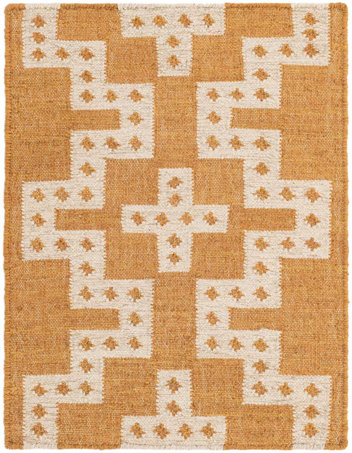 A 2x3 rectangular Kilim Wool rug featuring a tribal geometric pattern in ivory and gold, ideal for an entryway.
