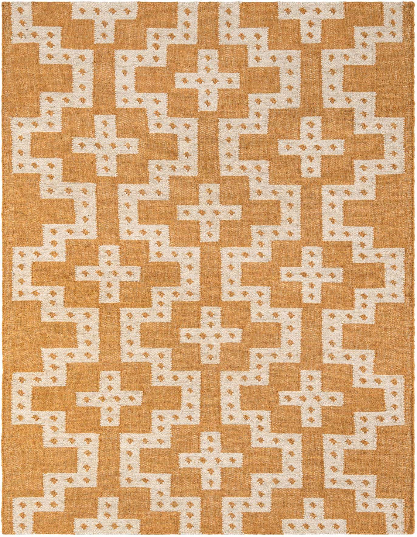 A 5x8 rectangular Kilim Wool rug featuring a tribal geometric pattern in ivory and gold, suitable for a living room.