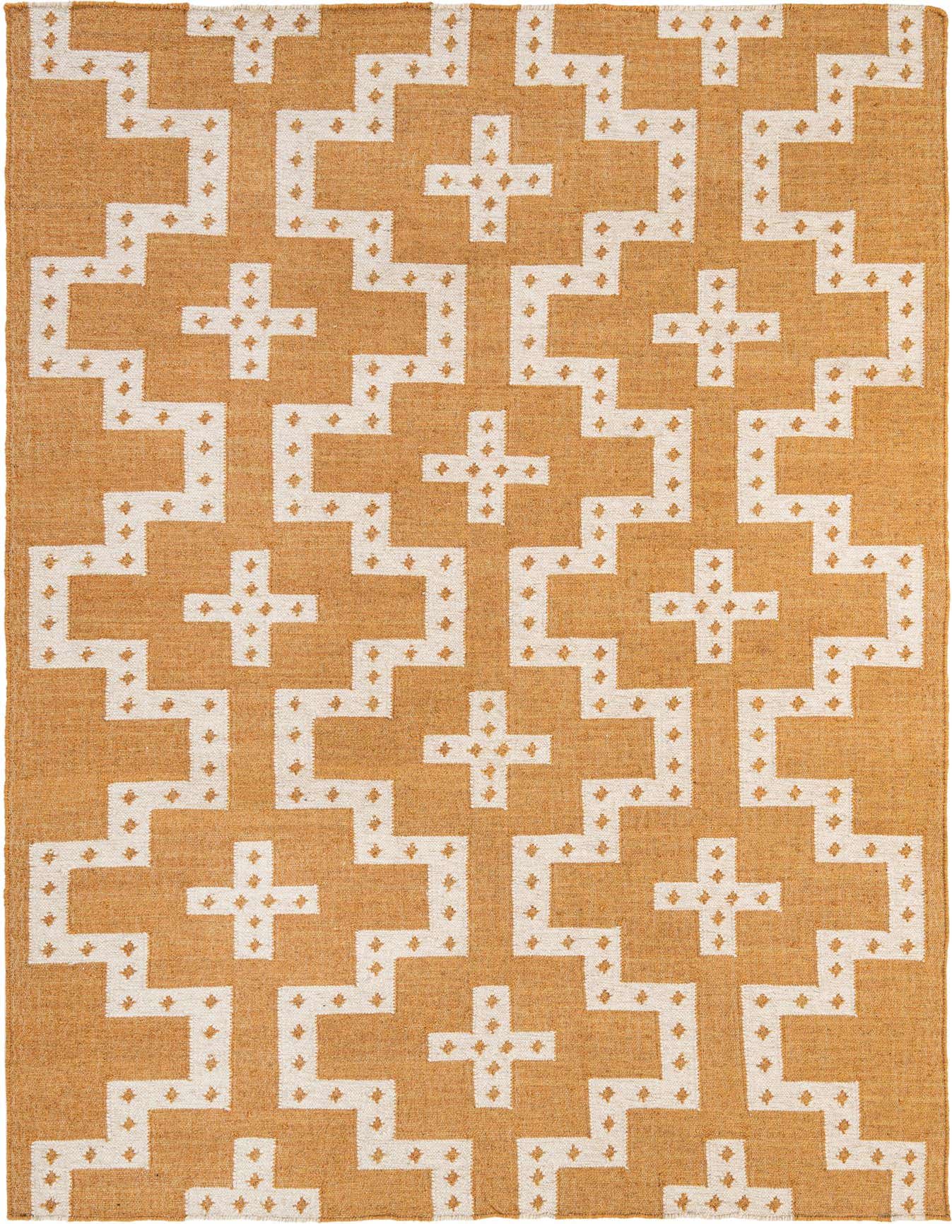 A 6x9 rectangular Kilim Wool rug featuring a bold tribal geometric pattern in ivory and gold.