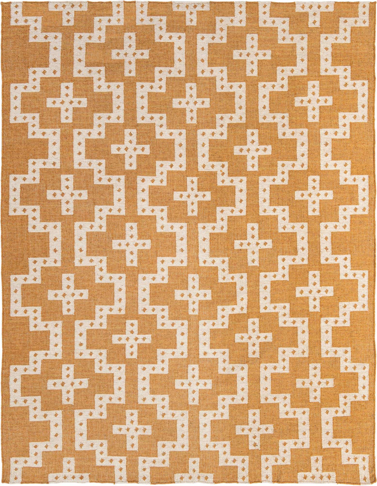 An 8x10 rectangular Kilim Wool rug featuring an ivory and gold tribal geometric pattern with stepped lines and cross shapes.