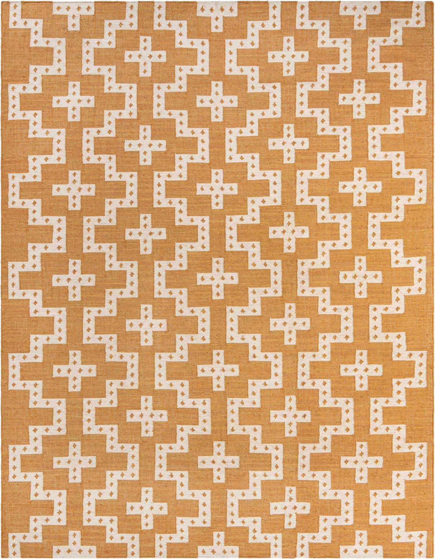 A 9x12 rectangular Kilim wool rug featuring a repeating tribal geometric pattern of ivory and cream plus signs and L-shapes on a golden yellow background.