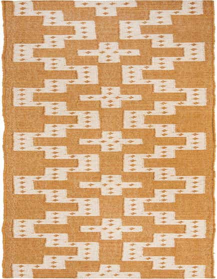 A 12 ft runner rug featuring a tribal geometric pattern in ivory and gold, perfect for a hallway.