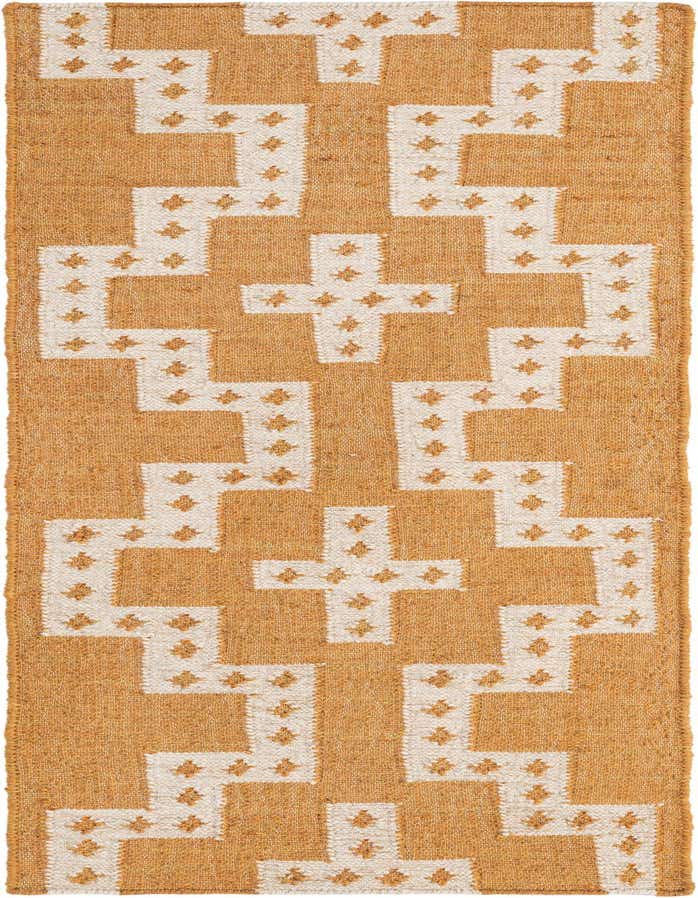 A 6 ft runner rug with a tribal geometric pattern in ivory and golden yellow, featuring a flatweave texture.