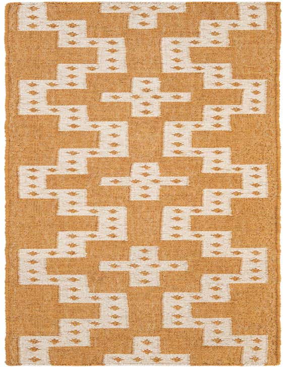 An 8 ft runner rug featuring a tribal geometric pattern in ivory and gold, perfect for a hallway or kitchen.