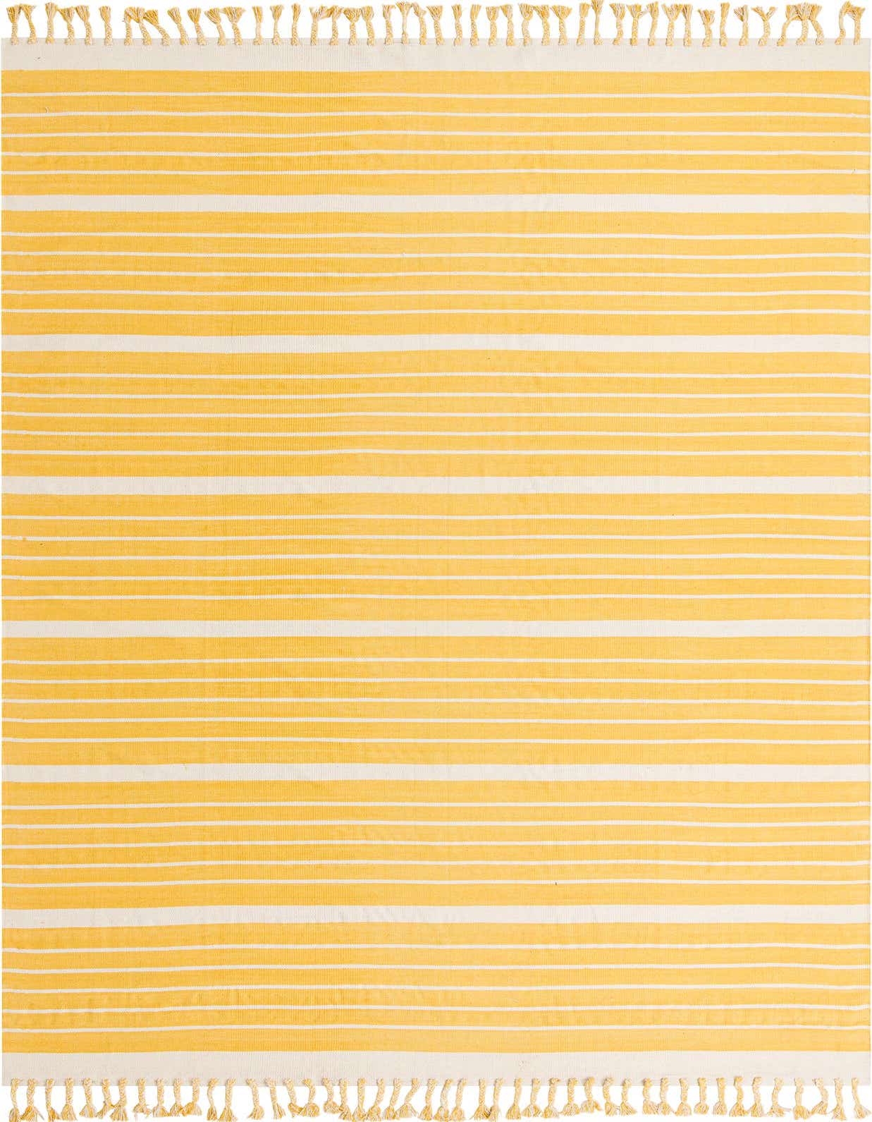 A 10x14 rectangular Chindi Cotton rug featuring horizontal gold and white stripes with fringed ends.