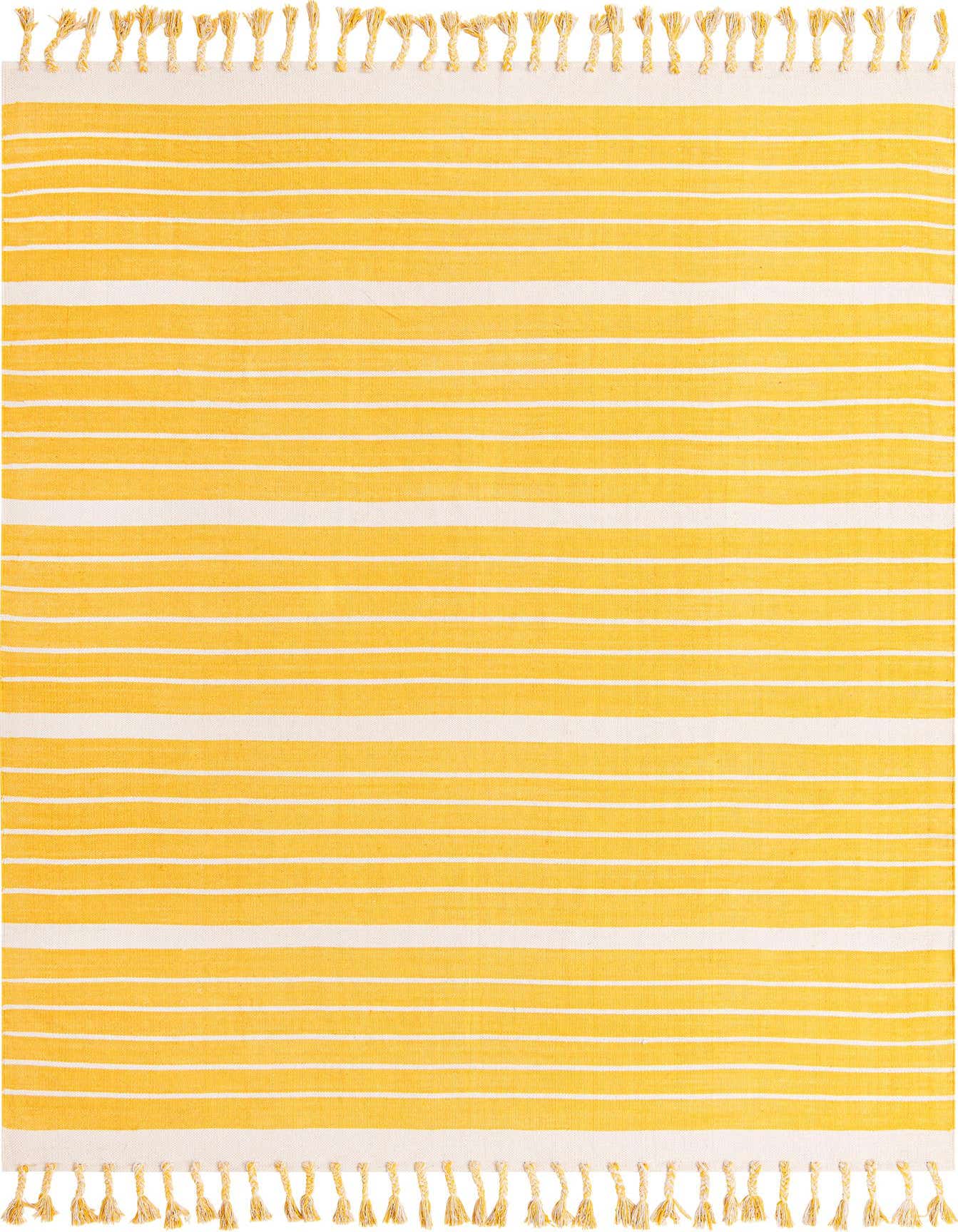 A rectangular 8x10 gold and white striped flatweave cotton rug with tassels, perfect for a modern living room.