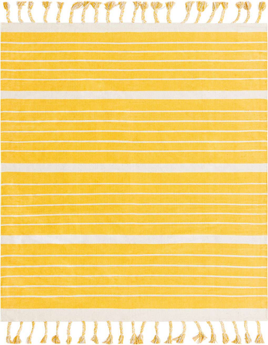 A 5x8 rectangular Chindi Cotton rug featuring alternating gold and white horizontal stripes with braided tassels on the ends.