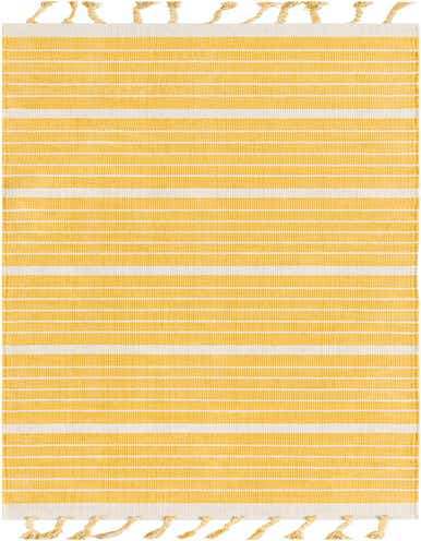 A 12 ft runner rug in gold and white, featuring horizontal stripes and playful tassels, perfect for a hallway.