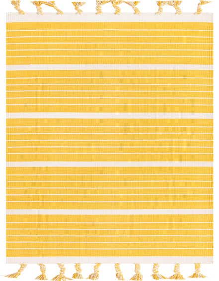 A 10 ft gold and white striped cotton runner rug with braided tassels, ideal for a hallway.