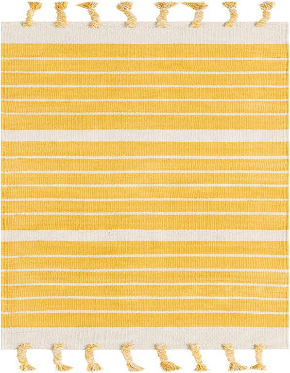 A 6 ft runner rug featuring alternating gold and white stripes with braided tassels on both ends, suitable for a hallway or kitchen.