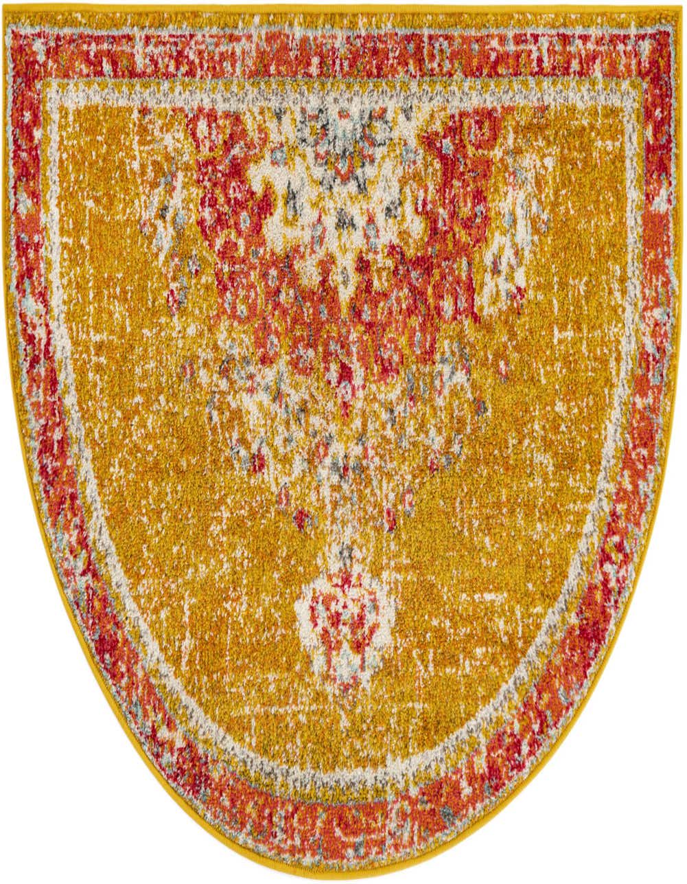 A 2' 7 x 4' 0 hearth rug with a distressed traditional medallion pattern in yellow, gold, red, and white.