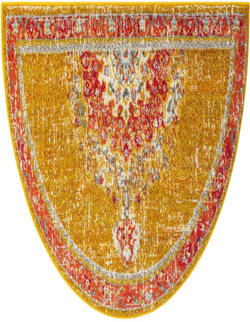 A 3'x6' hearth-shaped rug in gold and yellow with a distressed traditional medallion pattern and red-orange border.