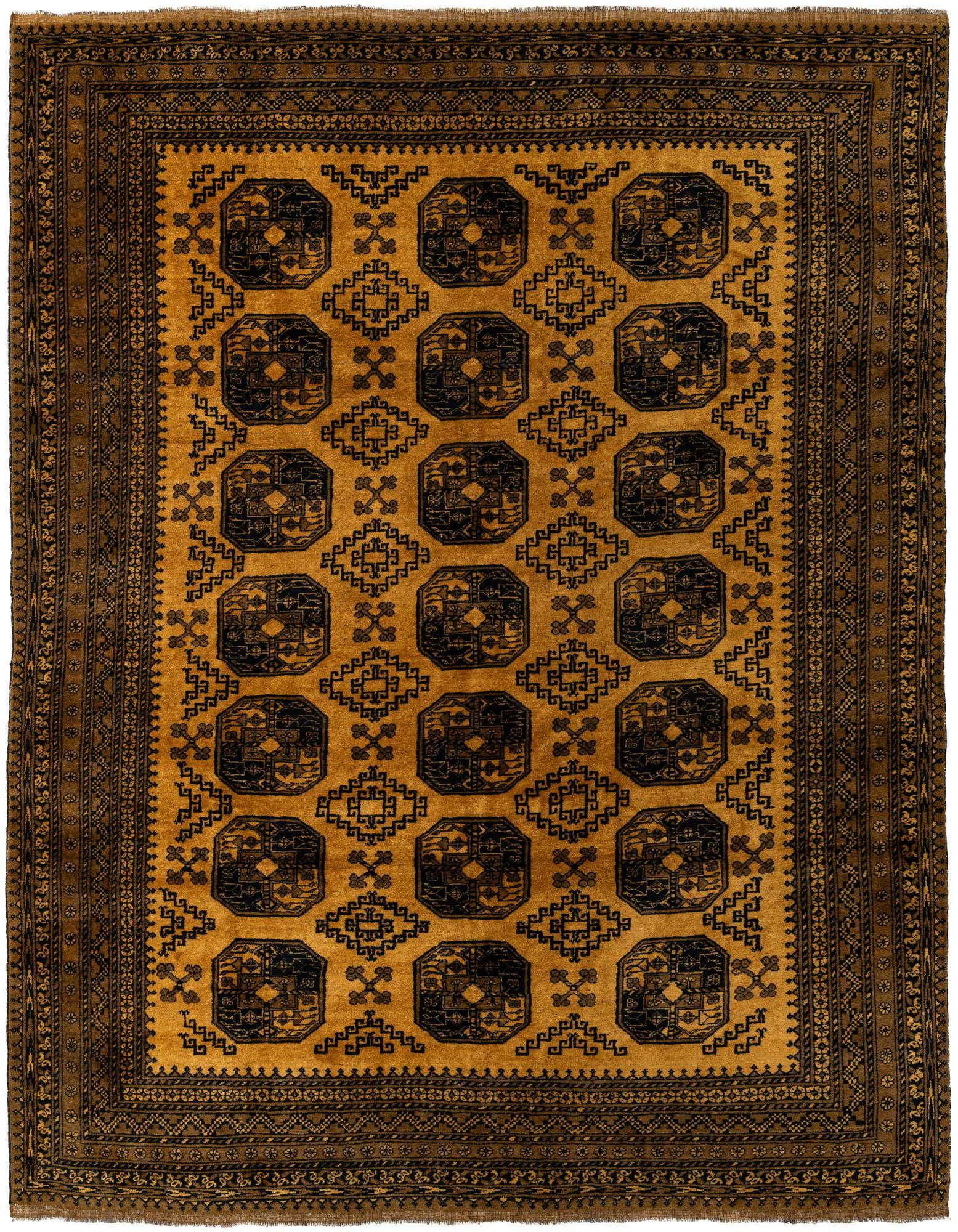 A 9x11 rectangular Afghan Akhche rug featuring a traditional tribal pattern in shades of yellow, gold, and dark brown, ideal for an indoor living space.