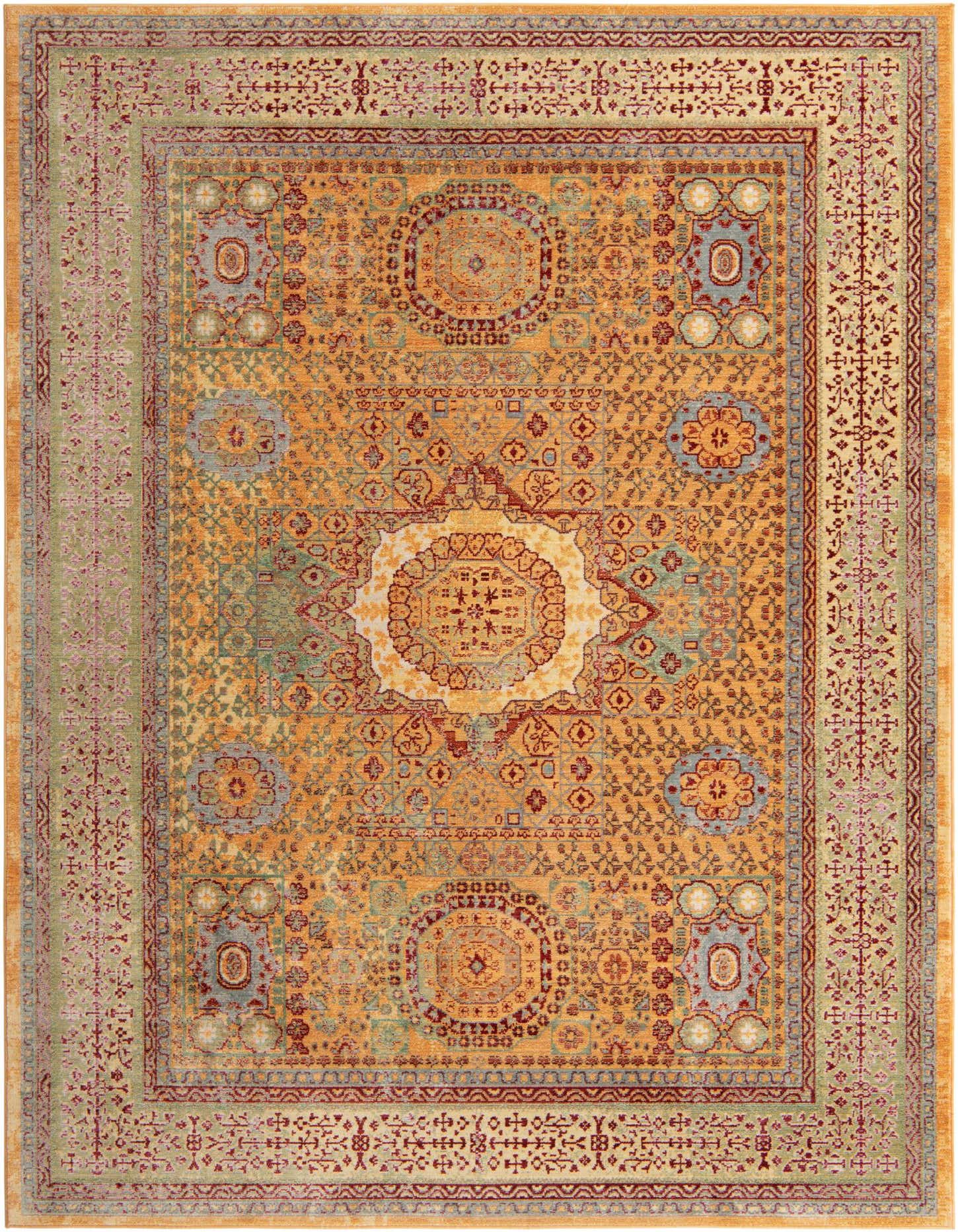 A 7x10 rectangular yellow and gold area rug with a traditional medallion pattern and intricate bohemian borders.