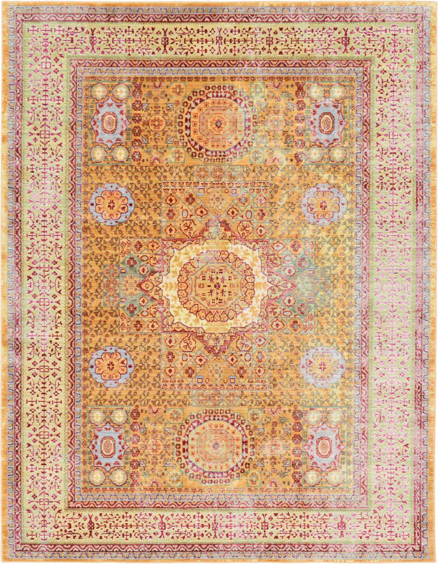 A 6x9 rectangular yellow and gold Bohemian rug with a central medallion and intricate traditional patterns, ideal for a living room.