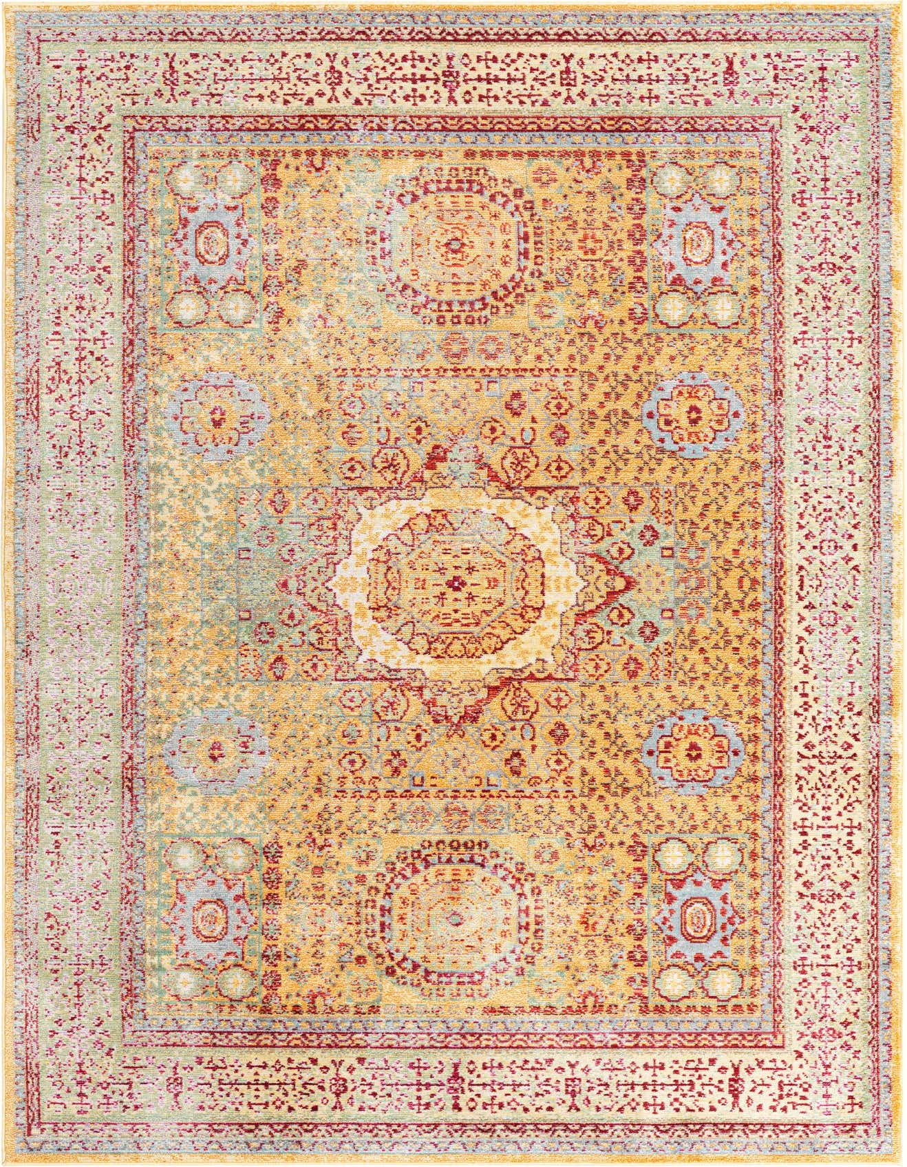 A 5x8 rectangular yellow area rug with a bohemian medallion pattern in red, blue, and green tones.