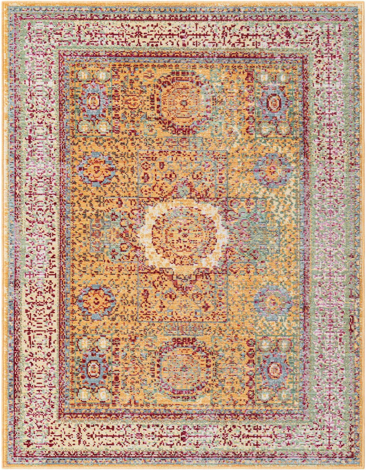 A 3x5 rectangular yellow and gold rug with a distressed traditional medallion pattern and a multi-colored border.