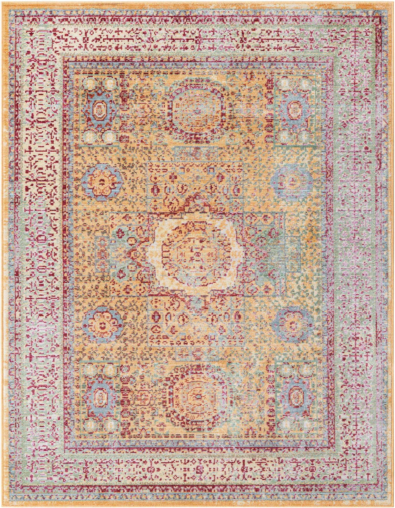 A 4x6 rectangular Alexis collection rug featuring a distressed traditional medallion pattern in yellow, gold, red, and light blue.