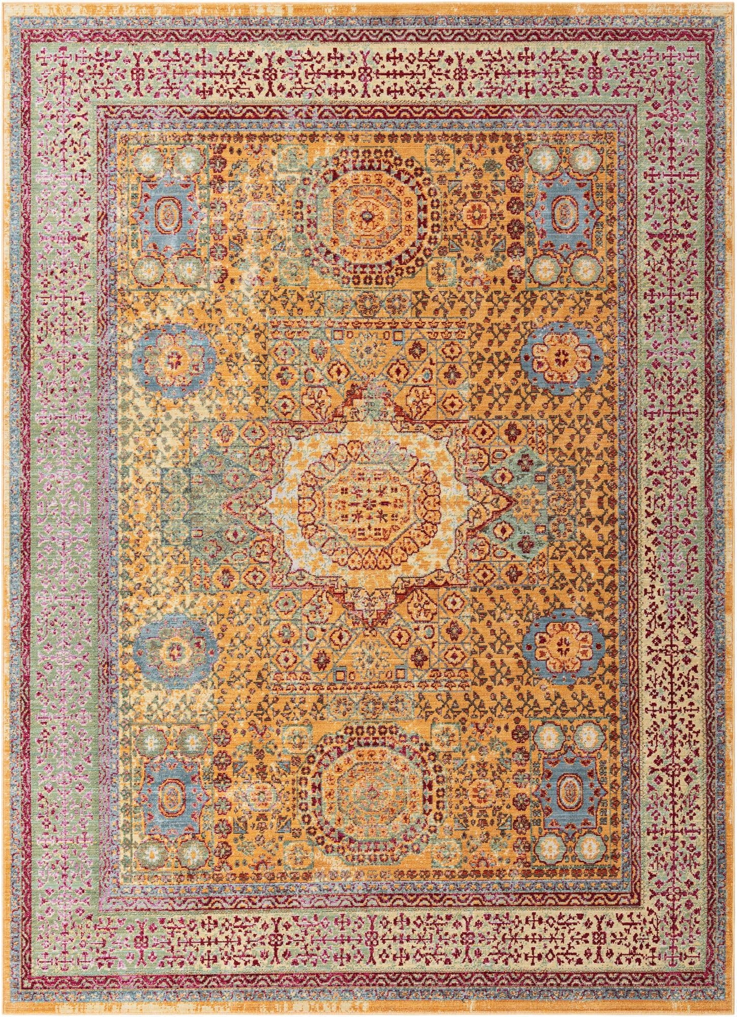 A rectangular 8x11 Alexis collection rug featuring a vibrant yellow and gold traditional medallion pattern with blue and red accents, framed by a multi-layered border.