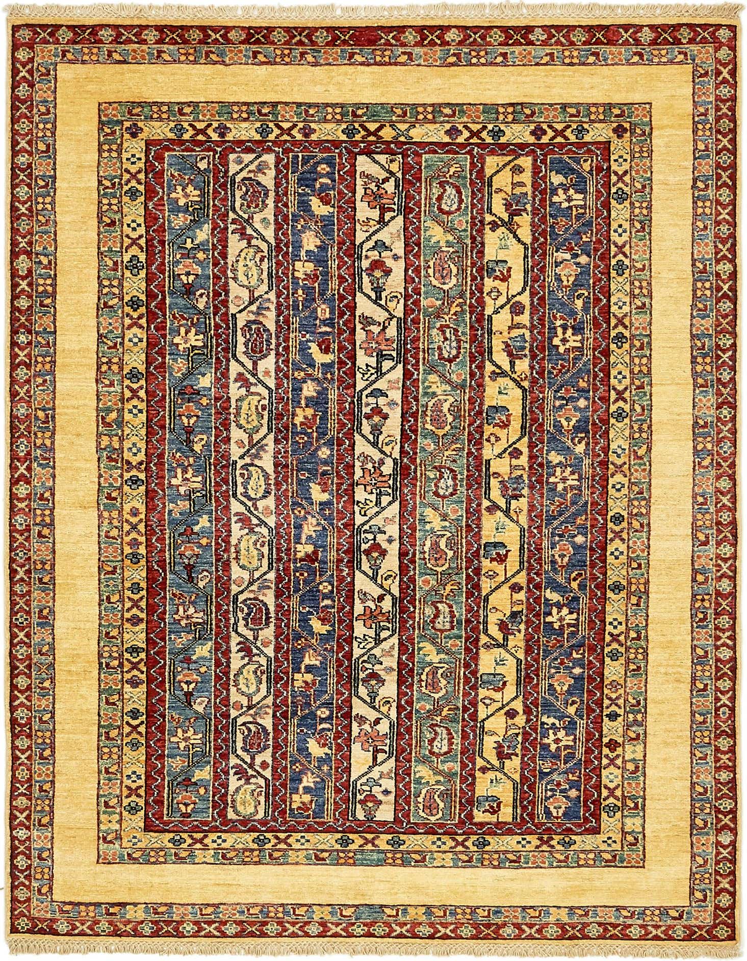 A 5x7 rectangular Ariana Ziegler rug featuring traditional Oriental stripes in yellow, gold, red, and blue.