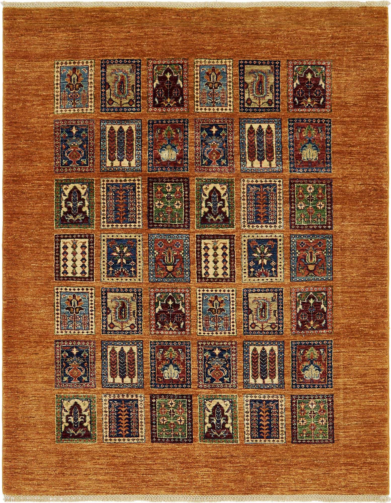 A 4x6 rectangular Ariana Ziegler rug featuring a golden-yellow border and a grid of colorful traditional tribal patterns.