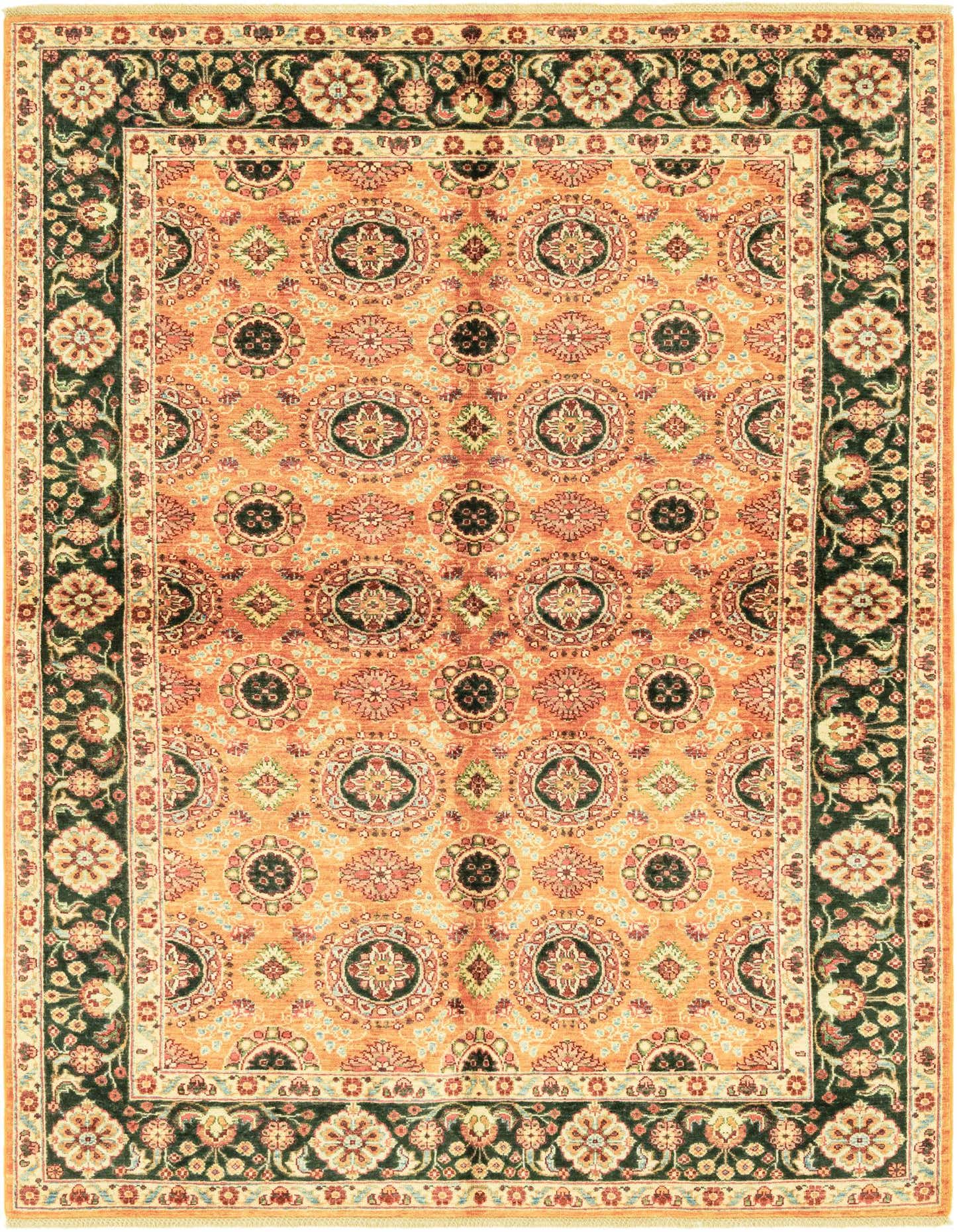 A 6x9 rectangular Ariana Ziegler rug featuring a botanical and floral pattern in yellows, golds, and dark green.